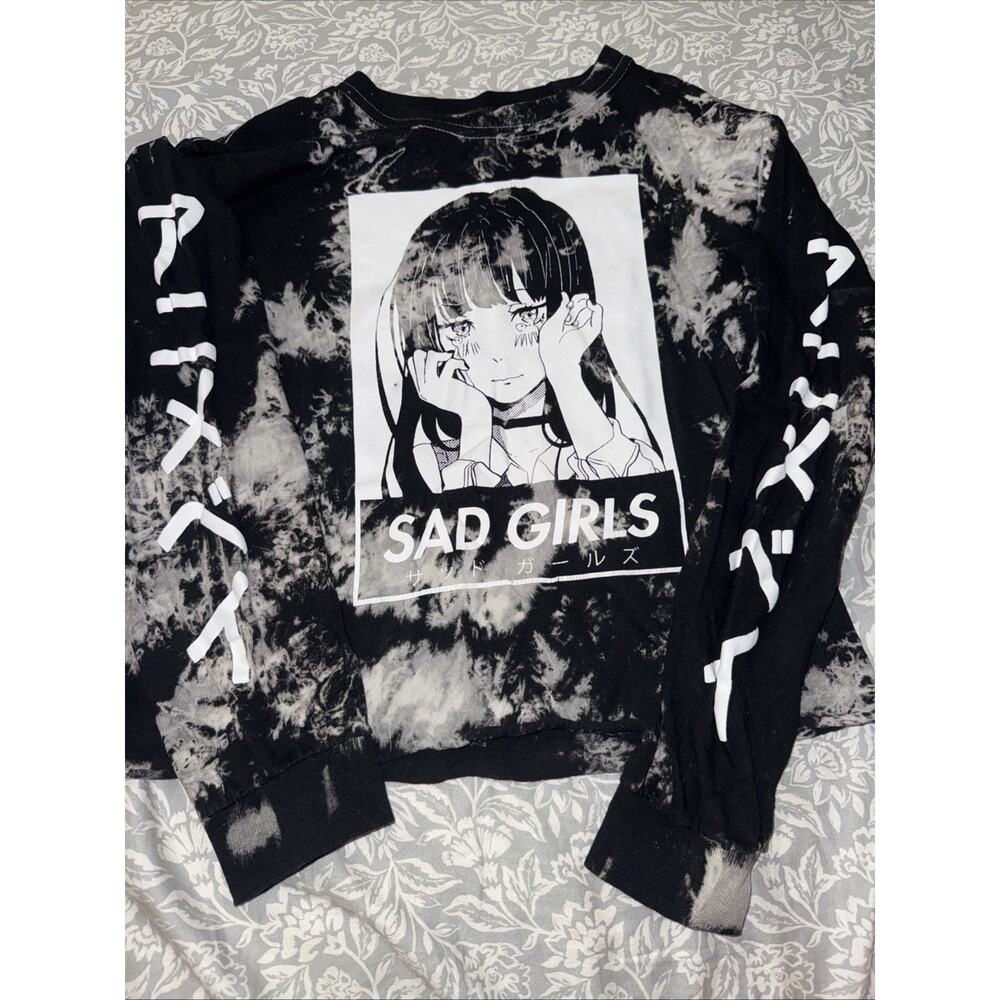 Anime Small Sad Girls Black Acid Washed Cropped Long Sleeve Shirt